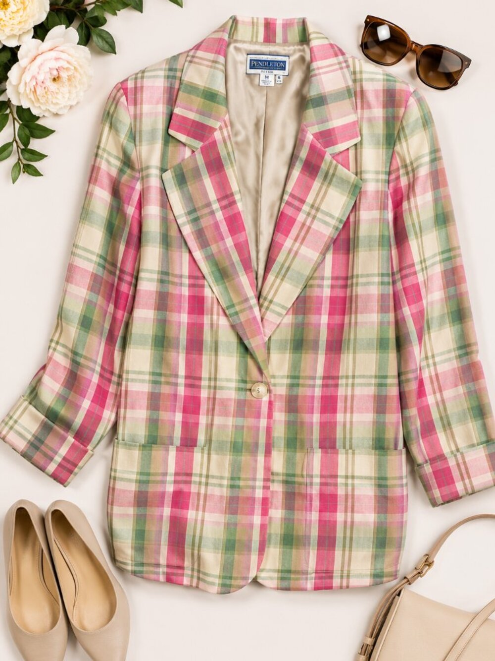 Pendleton Petite Plaid Blazer Jacket Pink Green Rayon Lined USA Made Size M